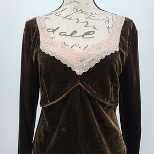 Anthropologie Brown Velvet Top with Pink Lace Detail